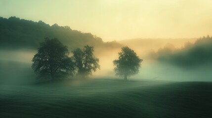 Misty hills at sunrise, silhouette of trees, wide lens, ethereal glow, soft focus, pastel color palette.