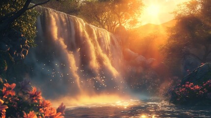 Mountain waterfall at golden hour, side angle, sunlight filtering through, sparkling water, vivid colors. - obrazy, fototapety, plakaty