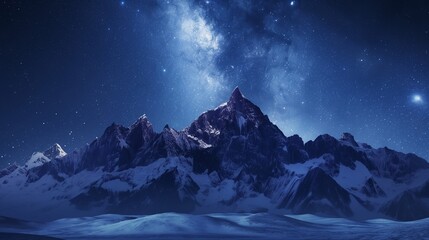 Midnight mountain under starry sky, silhouette of peaks, wide angle, cold tones, crystal clear stars.