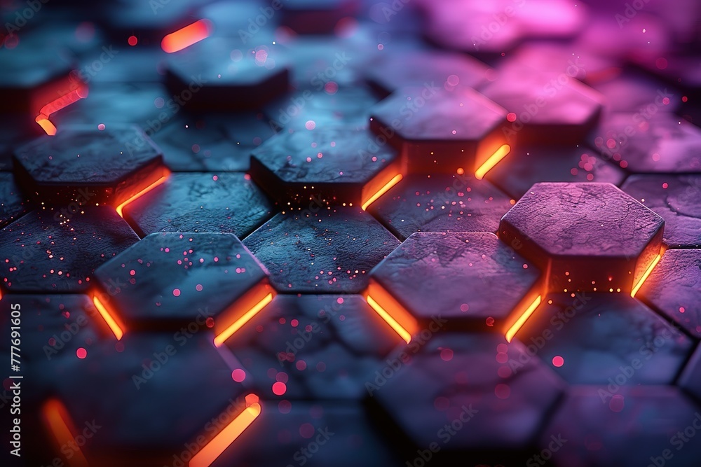Poster a dark background with hexagons in different colors, glowing along the edges of each cell