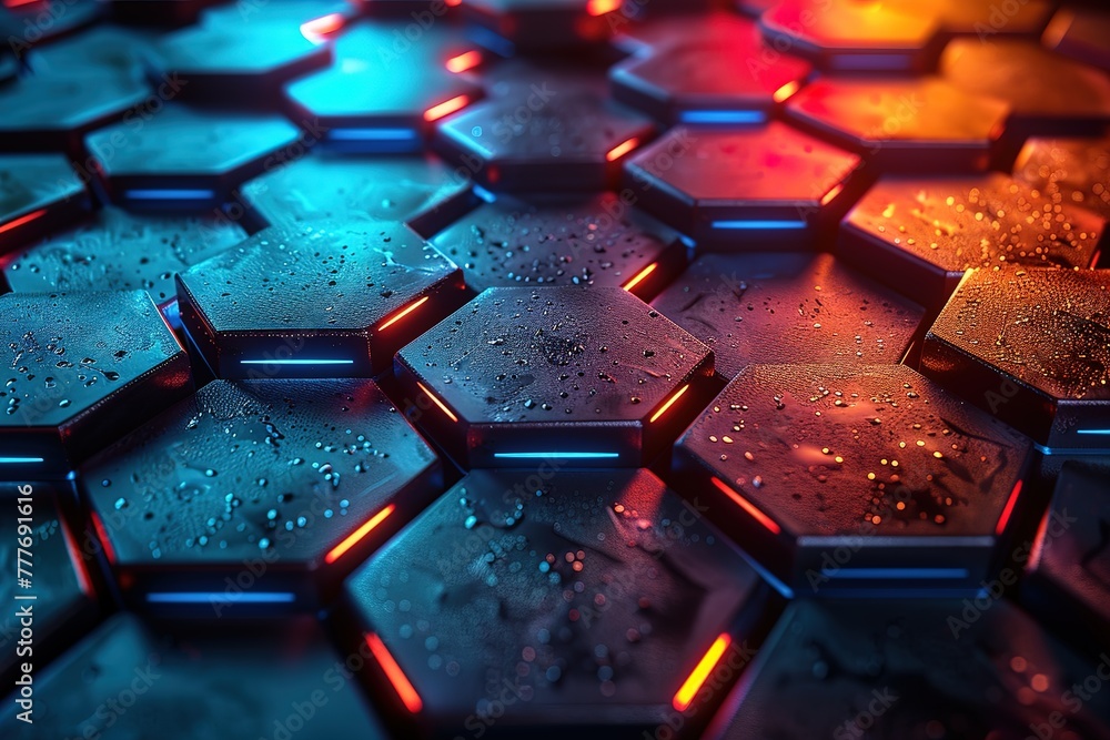 Poster a dark background with neon blue, green and red glowing hexagons arranged in an abstract pattern