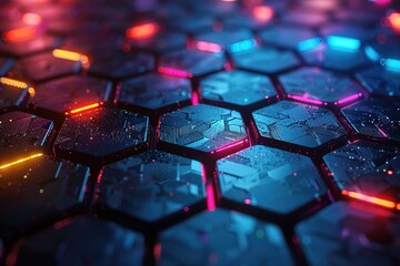 Fototapeta premium A dark background with neon blue, green and red glowing hexagons arranged in an abstract pattern