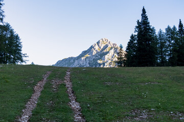 Hiking trails with scenic view of majestic mountain peak Vertatscha (Vrtaca) in untamed Karawanks, border Slovenia Austria. Wanderlust in wild Slovenian Alps in summer. Walking on calm alpine meadow