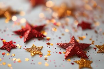 A few red and yellow stars scattered on the white background