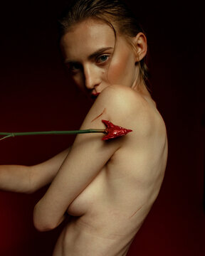 Sensual portrait of a model with a rose arrow
