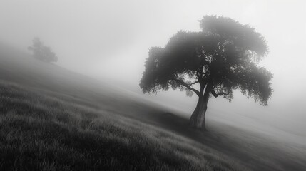 Foggy hills with ancient oak tree, early morning, mysterious vibe, monochrome, soft light, ethereal.