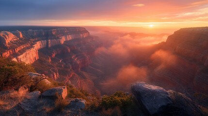 Canyon hills at sunrise, layers visible, wide lens, deep reds and oranges, high definition, majestic. - Powered by Adobe