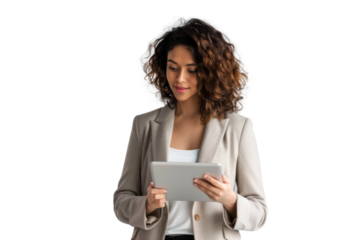 Studio portrait company worker beautiful young Caucasian woman with an attractive smile wearing casual outfits and holding digital tablet, isolated on transparent png background.