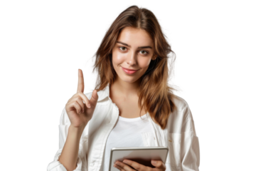 Studio portrait company worker beautiful young Caucasian woman with an attractive smile wearing casual outfits and holding digital tablet, isolated on transparent png background.