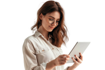 Studio portrait company worker beautiful young Caucasian woman with an attractive smile wearing casual outfits and holding digital tablet, isolated on transparent png background.