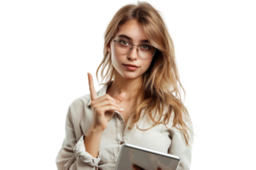 Studio portrait company worker beautiful young Caucasian woman with an attractive smile wearing casual outfits and holding digital tablet, isolated on transparent png background.