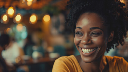 Happy black woman enjoying on date with her boyfriend in cafe. - obrazy, fototapety, plakaty
