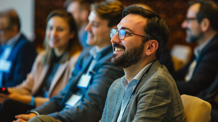
Happy entrepreneurs communicating while attending business seminar in conference hall.