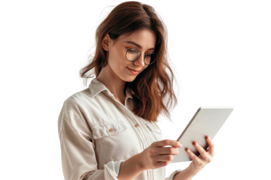 Studio portrait company worker beautiful young Caucasian woman with an attractive smile wearing casual outfits and holding digital tablet, isolated on transparent png background.
