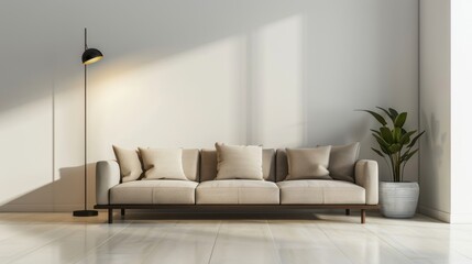 3d rendering interior design living room. Sofa and lamp against white wall background. AI generated