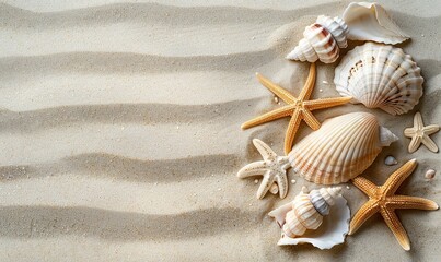 Fototapeta na wymiar Shell decorations delicately adorn the sandy bottom of the beach, creating an enchanting and serene scene. Shells on a sandy background with copy space.