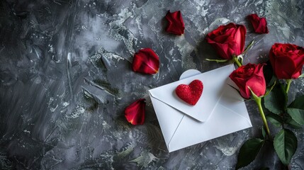 Top view a white envelope paper with red rose flowers make romantic decoration. Generated AI image