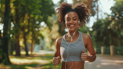 Happy sportswoman with earbuds running in park.