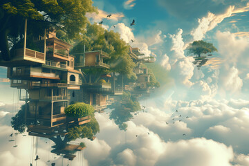 Futuristic treehouse city floating among clouds with sunlight breaking through. Fantasy concept art with surreal architecture. Dreamworld and imagination concept for design and print