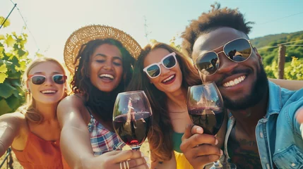 Fotobehang Multiracial friends drinking red wine outside at farm house vineyard countryside - Group of young people taking selfie picture outdoor - Life style concept with guys and girls enjoying summer vacation © Muhammad