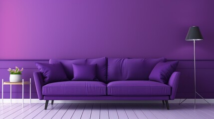 Modern living room with sofa, lamp and cabinet isolated on purple toned background. AI generated