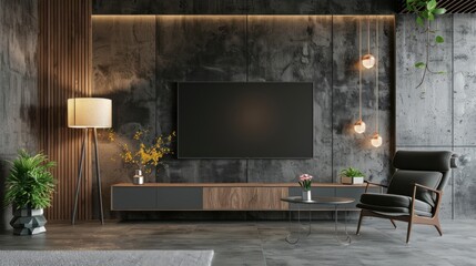 Living room interior design with wood cabinet for TV and lamp against concrete wall. AI generated