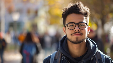 Portrait of male college student at campus looking at camera - obrazy, fototapety, plakaty