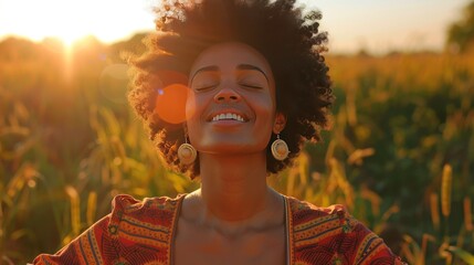 Portrait a happy black woman with afternoon sunset nature scene background. Generated AI - obrazy, fototapety, plakaty