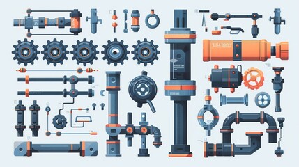 Engineering Parts and Mechanisms Vector Set for Pipeline Construction - obrazy, fototapety, plakaty