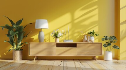Living room interior design with wood cabinet for TV and lamp against yellow wall. AI generated