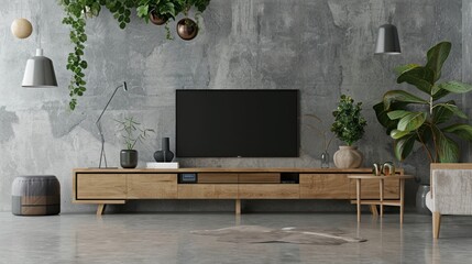 Living room interior design with wood cabinet for TV against concrete wall. AI generated image
