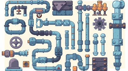 Flat Style Vector Set of Water Pipe System Details - obrazy, fototapety, plakaty