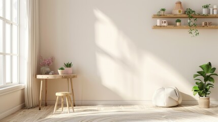 Cute children room with toys in wooden rack in natural light cream wall background. AI generated