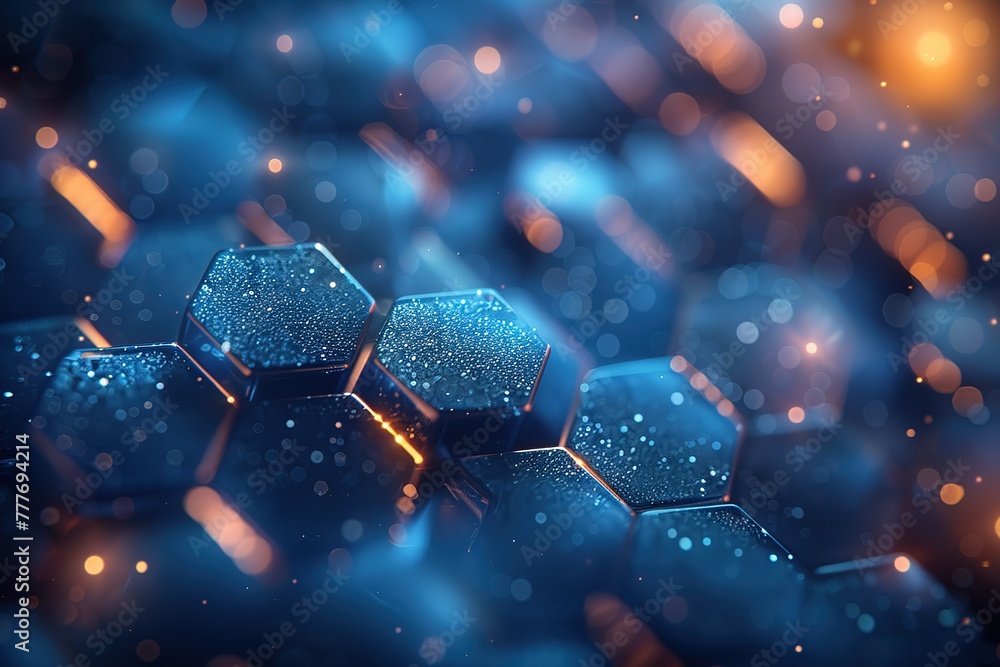 Poster abstract blur bokeh of blue and white lights in a hexagonal shape for the background
