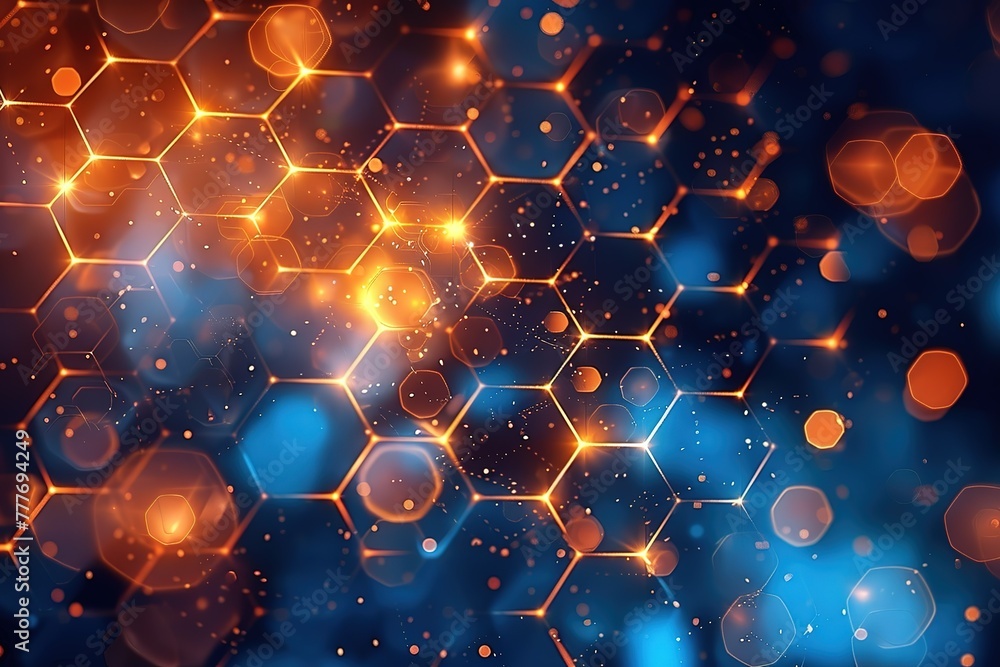 Poster abstract blur bokeh of blue and white lights in a hexagonal shape for the background