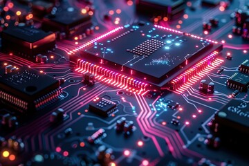 Obraz premium Abstract dark background with neon blue and purple lights, floor of circuit board.