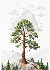 Tall pine tree on a hill. Light watercolor. Generated AI.