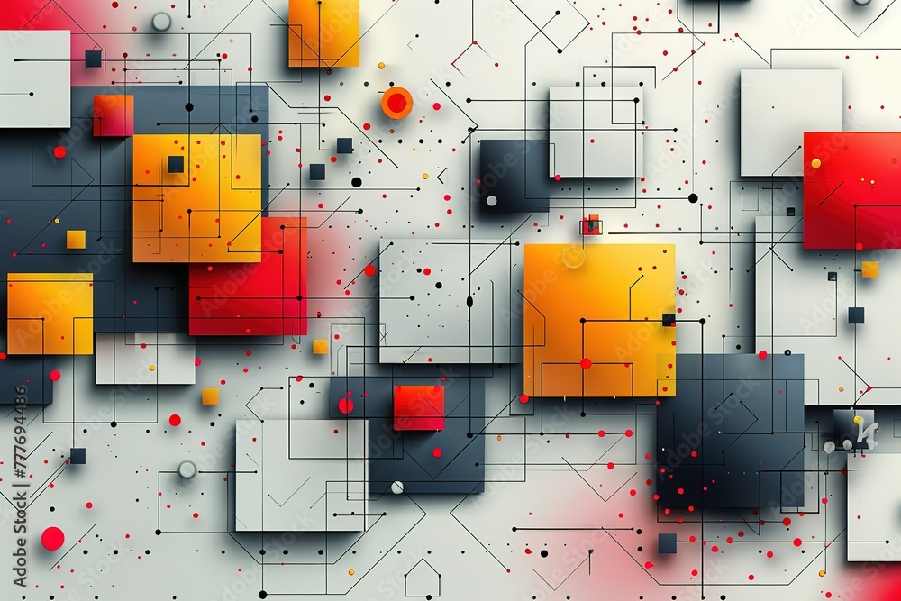 Poster a colorful abstract design of squares and rectangles with red, yellow