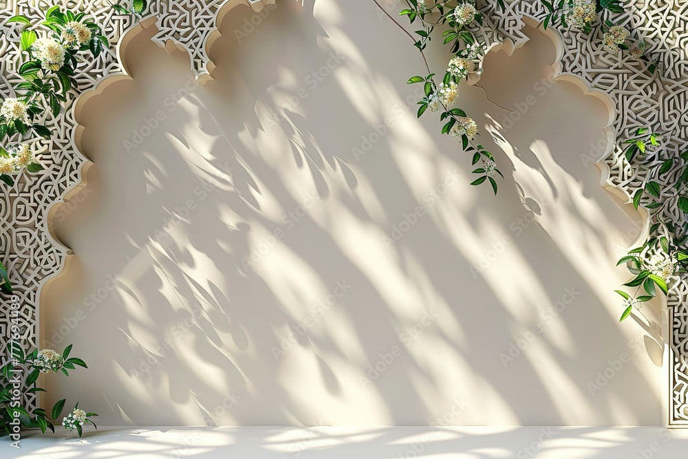 Poster a white background with an islamic pattern pattern in the upper right corner