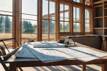 Design drawing for a technical project in architecture on a table in a house under construction with large windows