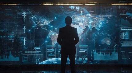 A businessman examines a global data network on a futuristic interactive display