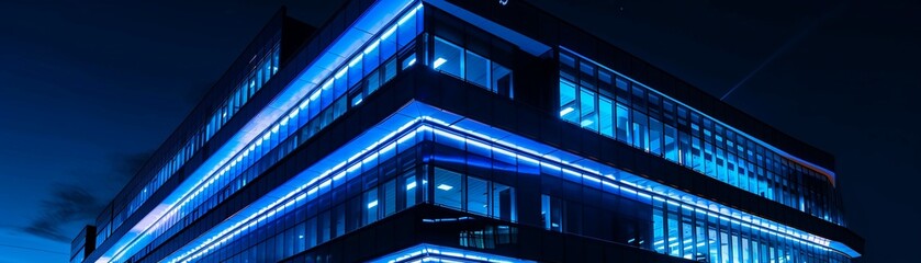 Obraz premium A contemporary office building illuminated with blue lights against the night sky