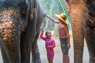 little volunteers take care of elephants, washing 
