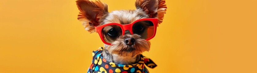 A small dog makes a fashion statement with colorful clothes and red sunglasses on an orange background.