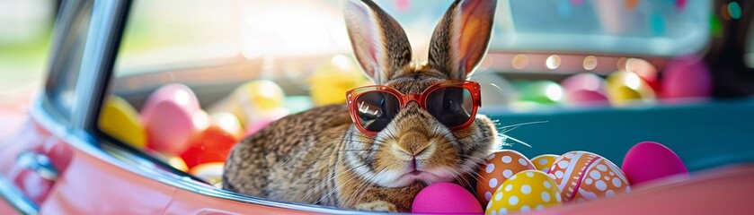 A rabbit wearing sunglasses beside Easter eggs in a vintage car on a sunny day.