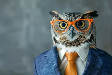 Poster A sophisticated owl poses in an elegant blue suit and trendy orange glasses © Creative_Bringer