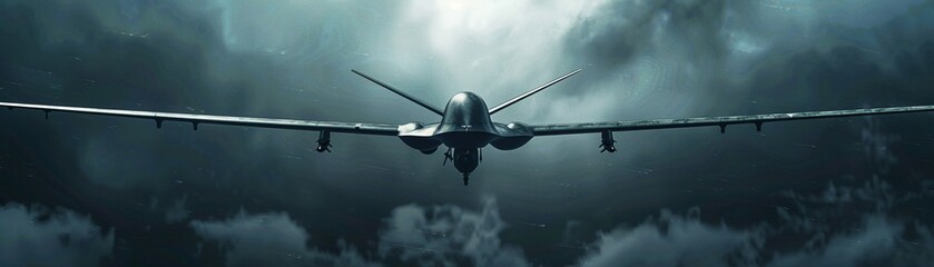 A sophisticated Unmanned Combat Aerial Vehicle (UCAV) soars through stormy skies - obrazy, fototapety, plakaty