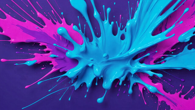 Paint Splash! Neon colors exploding against a wall. Blue, purple, pink, colorful. Wallpaper, background, and screen saver. 8k.