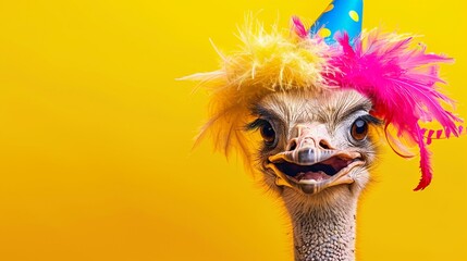 An excited ostrich with a party hat and colorful feathers celebrates on a yellow background. - obrazy, fototapety, plakaty