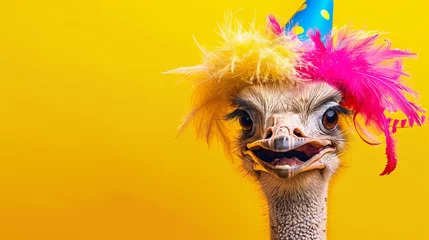 Fotobehang An excited ostrich with a party hat and colorful feathers celebrates on a yellow background. © Creative_Bringer